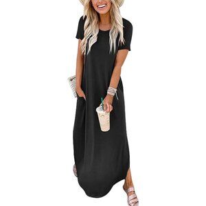 Women's Summer Casual Loose Short Sleeve Long T Shirt Dress Split Maxi Beach Sun